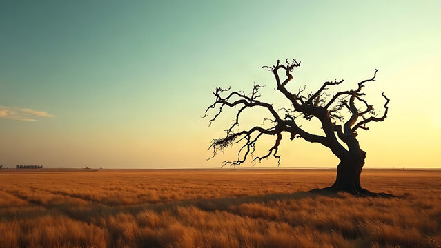 A solitary, wind-bent tree leaning in a vast field at golden hour.