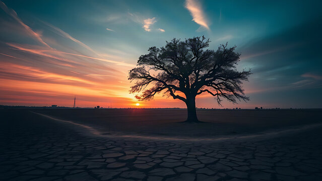 Lone oak tree in cracked barren field under dramatic sunset sky.