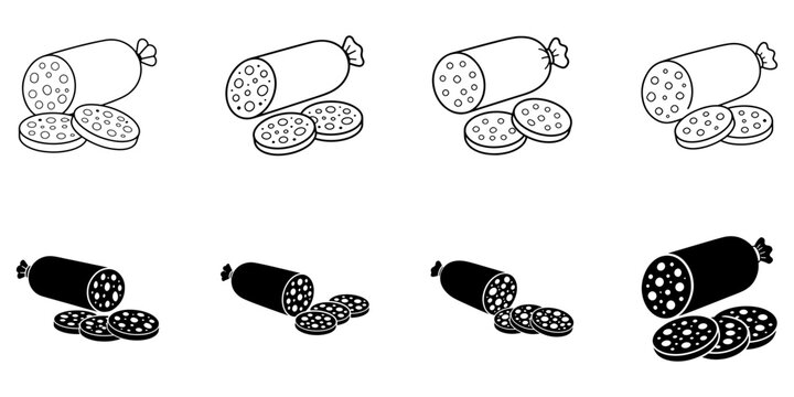 Sausage and salami icon set featuring meat food illustrations for menus, packaging, restaurants, and cooking
