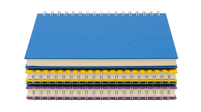 Colorful spiral notebooks stack, vibrant school stationery collection, multi-colored wire-bound journals on white background