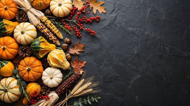 Thanksgiving arrangement with pumpkins and autumn harvest on dark rustic stone background