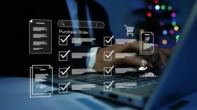 Business person using a laptop with digital hologram purchase order checklist and online shopping icons at night, E-commerce, workflow, approval, and paperless office work 