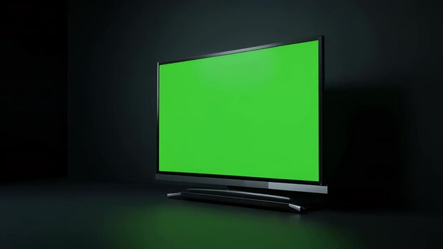 A modern television with a green screen is displayed in a dark room.