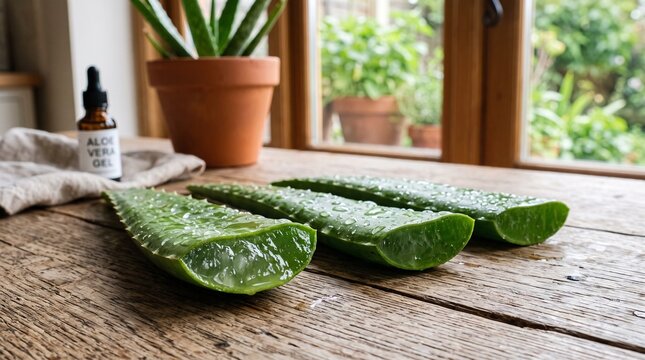 Freshly cut aloe vera leaves with translucent gel on rustic wooden surface