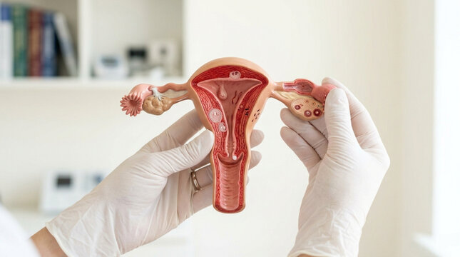 Female reproductive system model held by gloved hands, uterus, ovaries, fallopian tubes