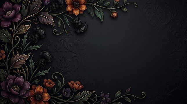 Dark botanical border with thistles and flowers.
