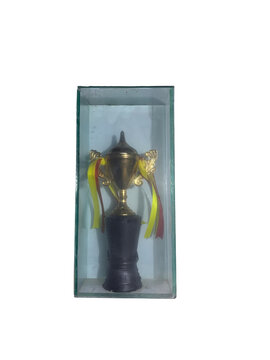 Gold trophy cup with yellow ribbons inside a clear glass display case for award ceremony.