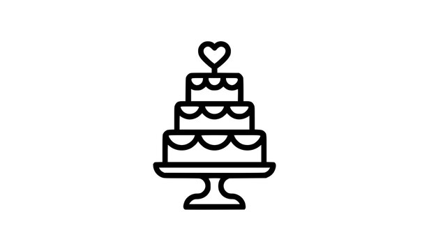 Three tier wedding cake icon with heart topper celebration anniversary illustration marriage romantic bakeware isolated silhouette confectionery catering