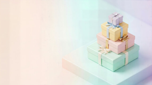Pastel colored gift box stack on light background with celebration, birthday