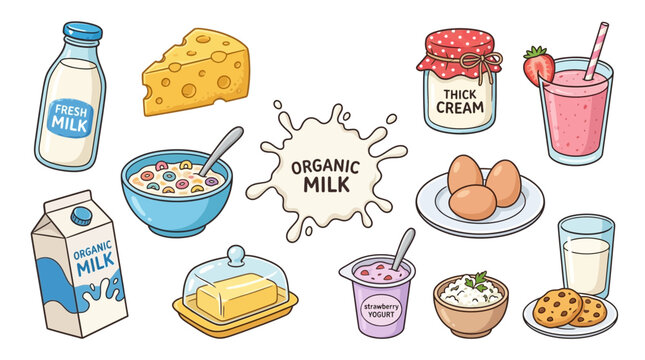 Organic dairy products collection featuring fresh milk cartons bottles cheese butter eggs and delicious yogurt illustrations