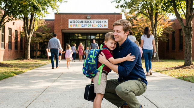 Father kneeling to hug his young son wearing a dinosaur backpack on the first day of school outside a brick elementary building with a welcome back students banner and people.