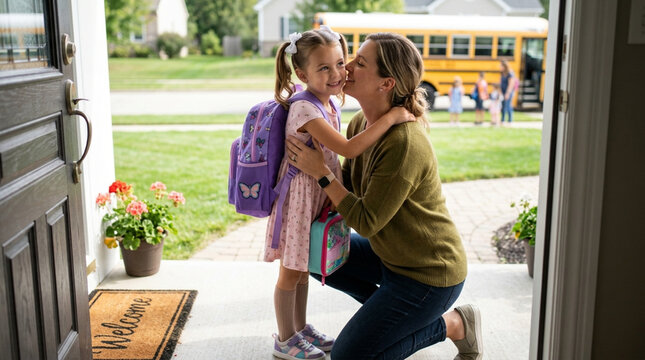 Mother kneeling on front porch kissing young daughter wearing purple backpack and carrying lunchbox, with yellow school bus and children waiting in the background on a sunny day.