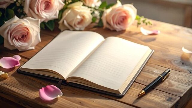 An open notebook rests on a wooden table with soft roses