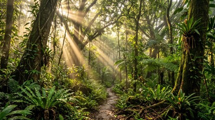 Naklejka premium Sunlight rays in tropical rainforest. Morning light beams through trees in lush jungle.