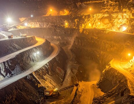 Industrial open pit mine site illuminated at night