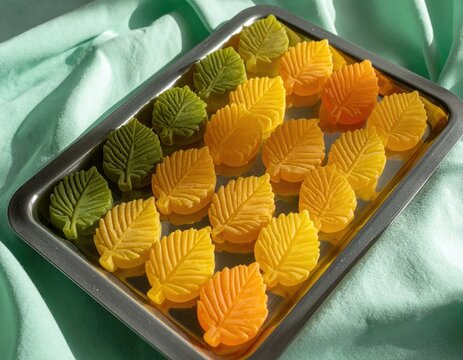 Leaf shaped traditional sweets arranged on a tray