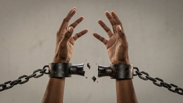 Hands with broken shackles representing freedom and liberation