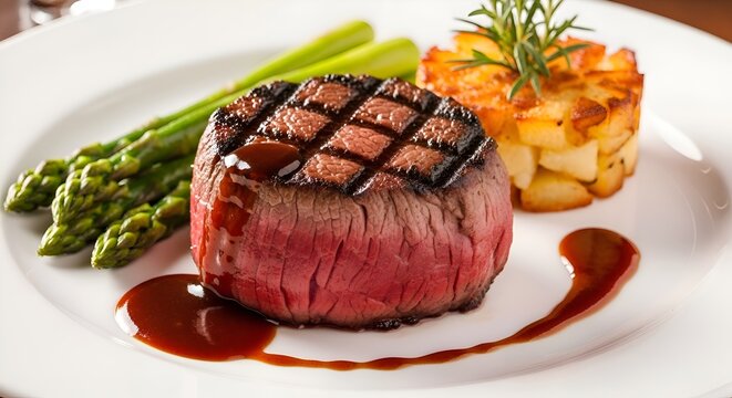Gourmet Beef Steak with Asparagus and Potato Stack - Fine Dining