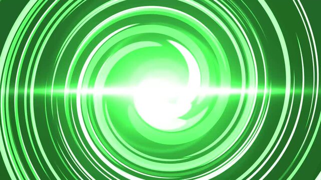 Abstract concentric spiral with bright center and horizontal flare background animation, monochrome circular rings radiating outward
