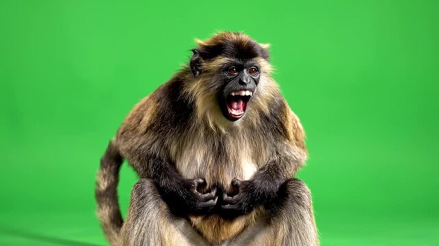 Close-up portrait of a wild monkey laughing uncontrollably isolated against a bright green background screen