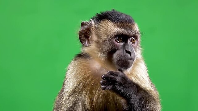 A close-up portrait of a confused monkey scratching its head against a bright green background representing wildlife behavior