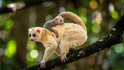 Naklejka premium Lemur mother carrying baby on forest tree branch.