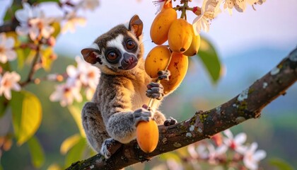 Naklejka premium Lemur sitting on branch with orange fruit.