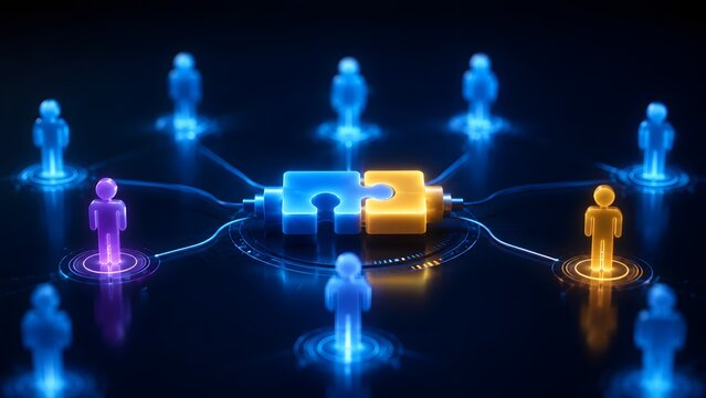 Glowing neon digital network highlighting key business partnerships with connecting puzzle pieces and stylized human figures, illustrating strategic tech solutions and leadership.