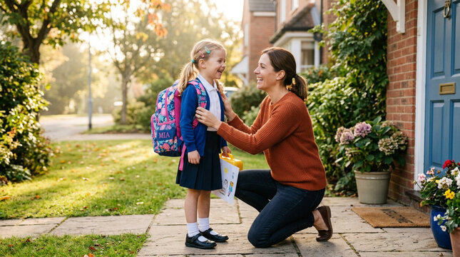 Smiling mother kneeling to assist her young daughter wearing a school uniform and floral backpack before leaving for school in front of a brick house on a sunny autumn morning.
