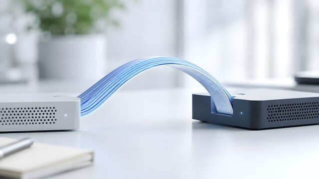 Two modern electronic devices connected by a flexible glowing blue data cable on a white desk representing smart home networking and office technology