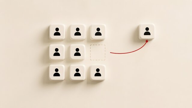 Conceptual image of a user icon tile breaking away from a grid with a red arrow symbolizing individuality leaving the group and standing out