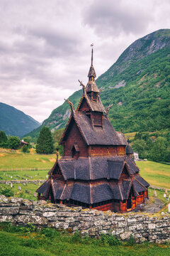 Scenic view of historical wooden Borgund Stave church, Norway