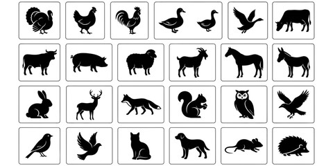 Fototapeta premium Black silhouettes of various farm animals and domesticated pets