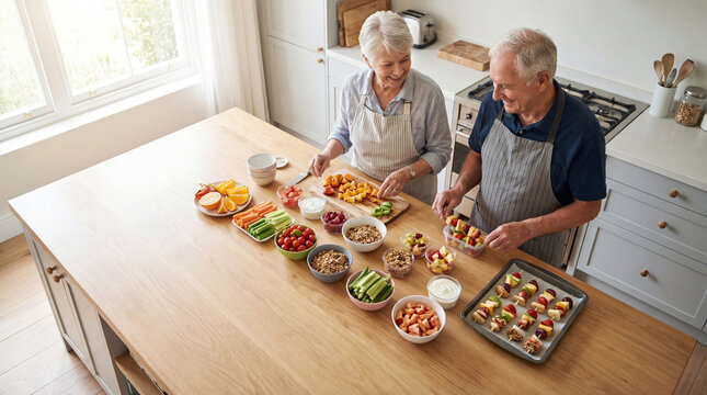 Senior couple preparing colorful fruit skewers healthy snacks in kitchen, authentic active aging concept showing independence confidence value value value value value value value value