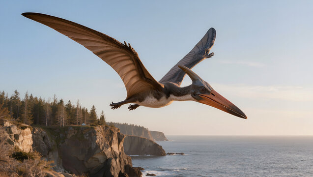 Realistic Pterodactyl Gliding Above Prehistoric Coastal Habitat