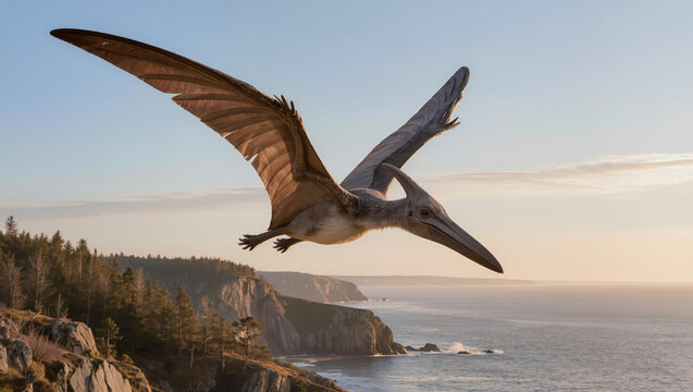 Realistic Pterodactyl Gliding Above Prehistoric Coastal Habitat