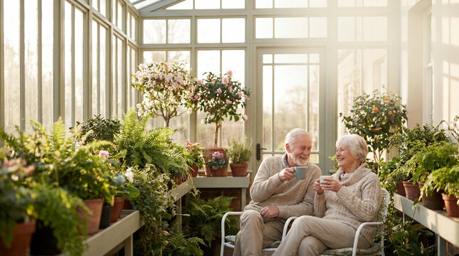 Happy senior couple sharing tea among flowering plants inside sunny conservatory, authentic active aging concept showing independence daily value value value value value value value
