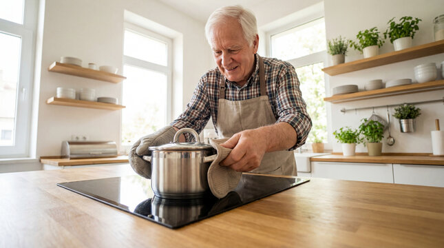Senior man safely moving hot cooking pot with protective oven mitts, authentic active aging concept showing independence confidence value value value value value value value value value