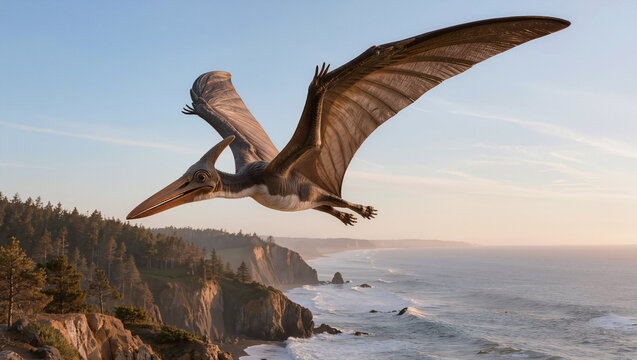 Realistic Pterodactyl Gliding Above Prehistoric Coastal Habitat