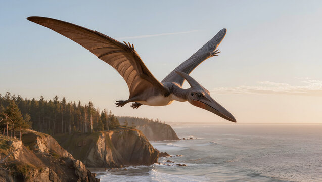 Realistic Pterodactyl Gliding Above Prehistoric Coastal Habitat