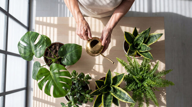 Senior woman watering healthy houseplants arranged beside large sunny window, authentic active aging concept showing independence confidence value value value value value value value