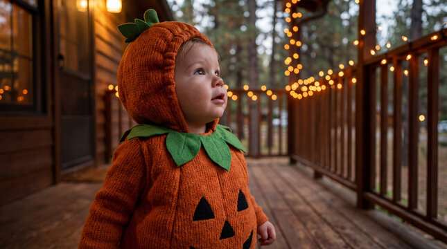 Baby wearing knitted pumpkin costume on wooden porch with string lights showing cute Halloween outfit autumn family celebration suited for campaigns about lifestyle wellness community