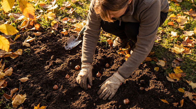 Gardener planting flower bulbs in dark soil among fallen autumn leaves representing seasonal gardening spring preparation outdoor work horticulture home landscape supporting concepts