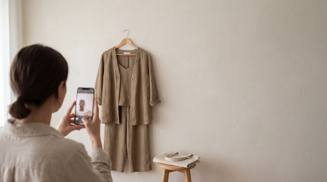 Woman using smartphone to photograph neutral linen clothing displayed on wall creating online resale concept for sustainable fashion ecommerce product listing minimal wardrobe home business