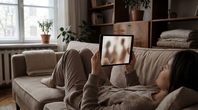 Woman relaxing on sofa while holding tablet with blurred social content representing digital media use streaming online privacy home leisure screen time with clear visual storytelling