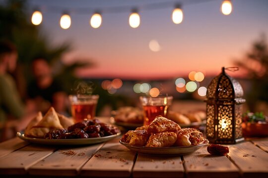 Plates of golden flaky pastries and dates on a sunset terrace table with an ornate lantern and tea for Ramadan iftar and hospitality campaigns