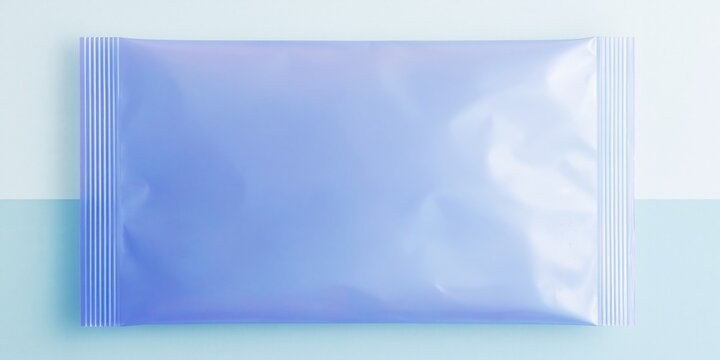 Empty lavender frosted cellophane bag with glossy creases and heat-sealed edges on a muted blue background for packaging mockup and product layouts