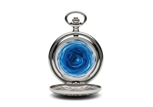 Silver pocket watch containing a swirling blue energy vortex