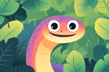 Fototapeta premium Colorful cartoon creature peeking out from vibrant green foliage