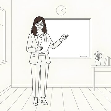Confident Teacher Presenting Lesson in Classroom with Whiteboard